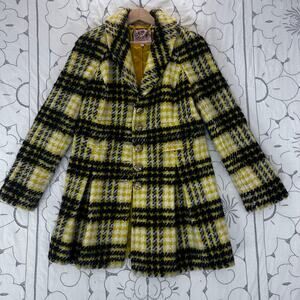 Juicy Couture Yellow Black Plaid Wool Coat XL Gold Button Statement y2k clueless